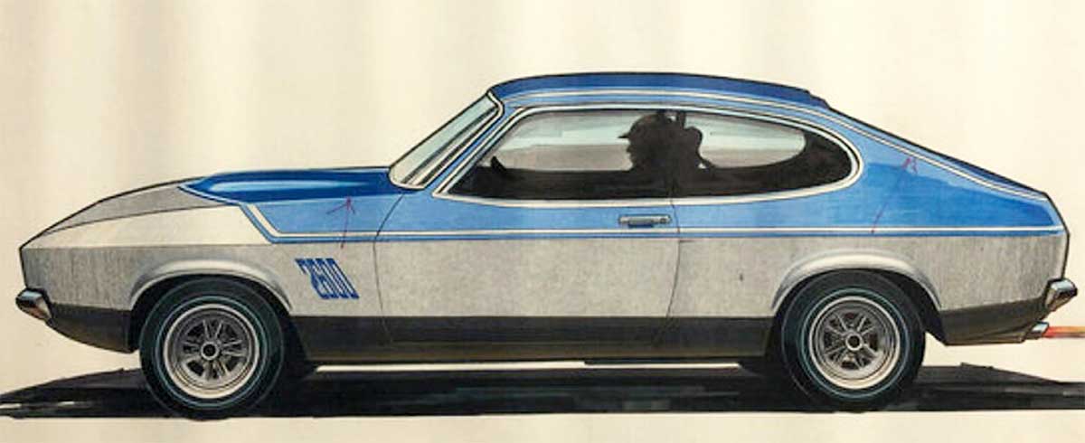 Eine Skizze des 1974 durch Ford angekündigten II-er RS. Bekanntlich wurde dies nie realisiert. Eine Skizze des 1974 durch Ford angekündigten II-er RS. Bekanntlich wurde dies nie realisiert.
