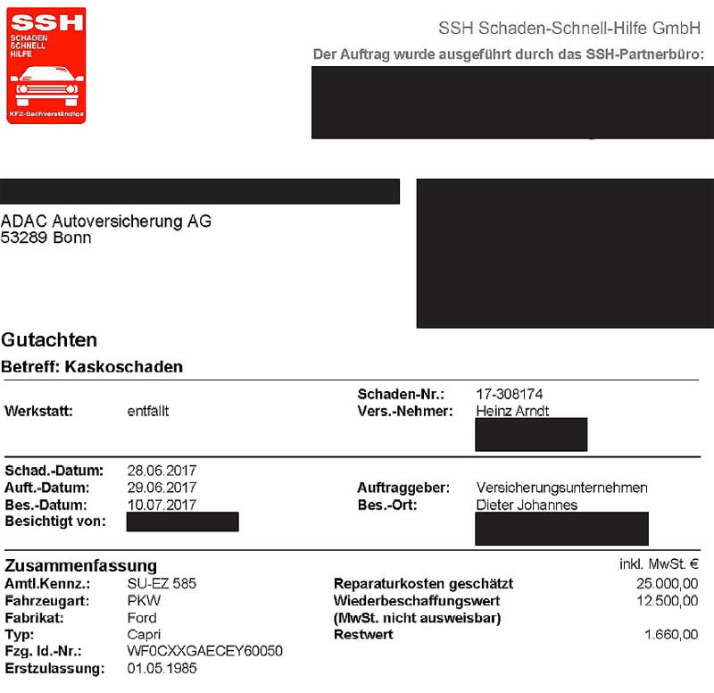 Gutachten des Kaskoschadens Gutachten des Kaskoschadens