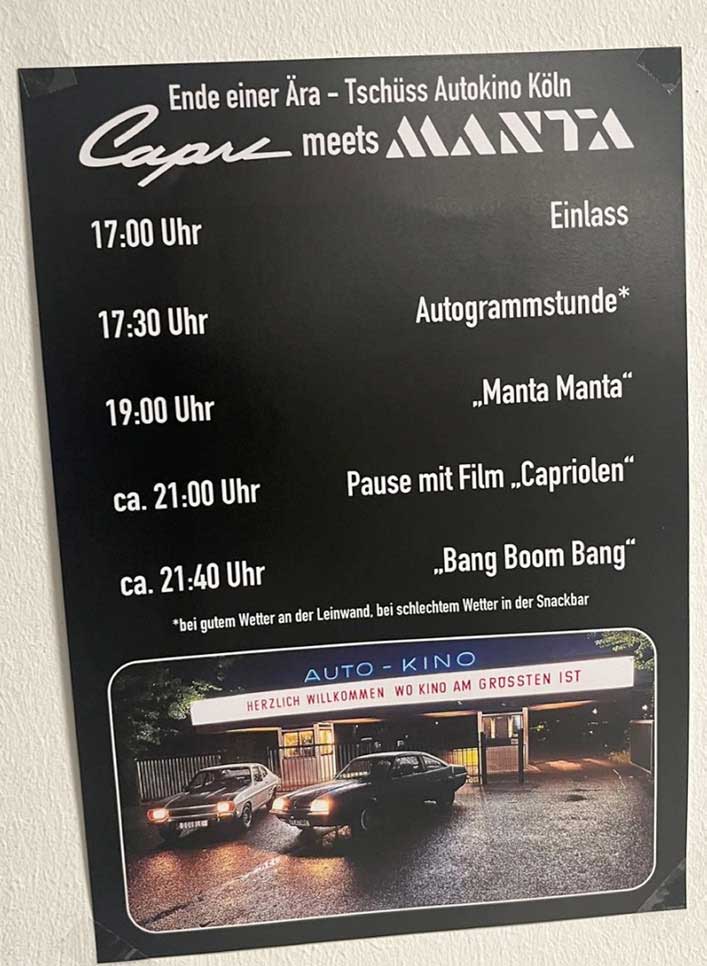 „Capri meets Manta – Ende einer Ära. Tschüss Autokino Köln“ „Capri meets Manta – Ende einer Ära. Tschüss Autokino Köln“