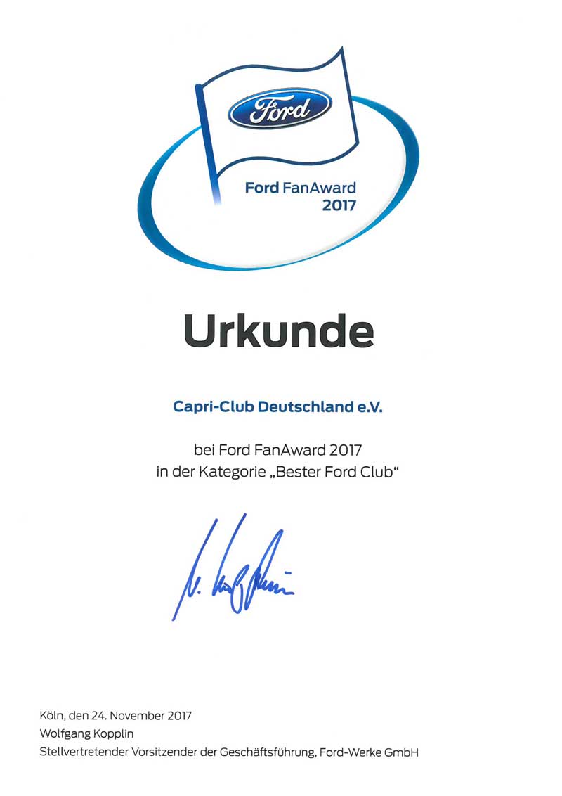Ford FanAward 2017 Urkunde Ford FanAward 2017 Urkunde
