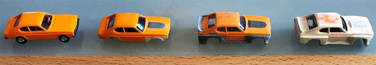 „Wiking“ Capri-Modelle im Bau: Basis, 2600 RS, 74er Renn-Capri mit verschiedenen Kotflügelausführungen (von links). „Wiking“ Capri-Modelle im Bau: Basis, 2600 RS, 74er Renn-Capri mit verschiedenen Kotflügelausführungen (von links).