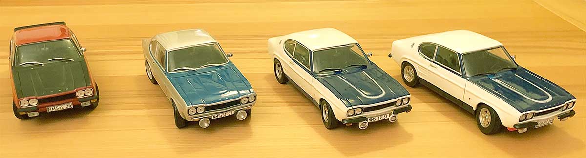 Die schwierigste Arbeit bei der Erstellung meiner eigenen Capri war der Umbau auf das 73er RS 2600-Modell. Da habe ich mich langsam herangetastet. Und als vor einiger Zeit der 73er Capri 3000 GXL von CMG erschien, war es endlich geschafft. Ich hatte die Doppelscheinwerfer, Rückleuchten und Armaturenbrett. Der Umbau konnte beginnen, der erste fertig gestellte 73er Capri RS 2600 war ein roter RS mit schwarzen RS Injection-Streifen auf Motorhaube und im Heckbereich. Die schwierigste Arbeit bei der Erstellung meiner eigenen Capri war der Umbau auf das 73er RS 2600-Modell. Da habe ich mich langsam herangetastet. Und als vor einiger Zeit der 73er Capri 3000 GXL von CMG erschien, war es endlich geschafft. Ich hatte die Doppelscheinwerfer, Rückleuchten und Armaturenbrett. Der Umbau konnte beginnen, der erste fertig gestellte 73er Capri RS 2600 war ein roter RS mit schwarzen RS Injection-Streifen auf Motorhaube und im Heckbereich.