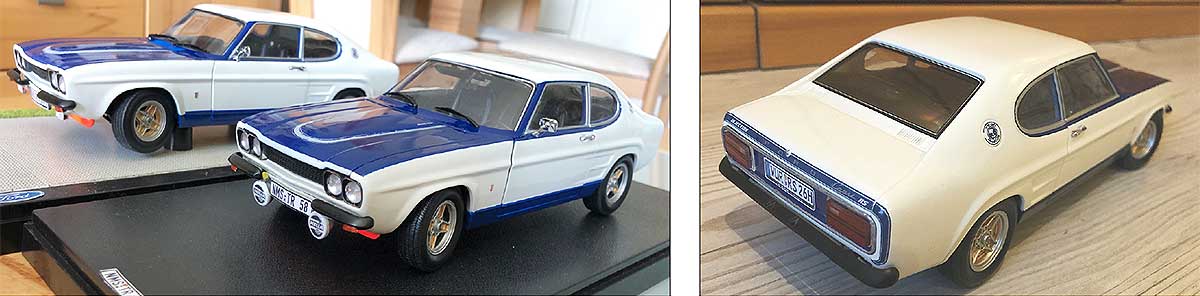 Für meine beiden RS in weiß/blau benötigte ich weiße Streifen, die mir zum Glück ein anderer Modellbauer nach meinen Vorgaben anfertigte. Die blauen Streifen konnte ich selbst anfertigen und ausdrucken. Links zu sehen die weißen Streifen mit „Injection“ auf der Motorhaube, rechts die blauen Decals mit der Injection-Plakette. Für die 73er RS habe ich in Handarbeit aus einer 1700 GT Stoßstange die kurzen vorderen Stoßstangen angefertigt (unten links). Für meine beiden RS in weiß/blau benötigte ich weiße Streifen, die mir zum Glück ein anderer Modellbauer nach meinen Vorgaben anfertigte. Die blauen Streifen konnte ich selbst anfertigen und ausdrucken. Links zu sehen die weißen Streifen mit „Injection“ auf der Motorhaube, rechts die blauen Decals mit der Injection-Plakette. Für die 73er RS habe ich in Handarbeit aus einer 1700 GT Stoßstange die kurzen vorderen Stoßstangen angefertigt (unten links).