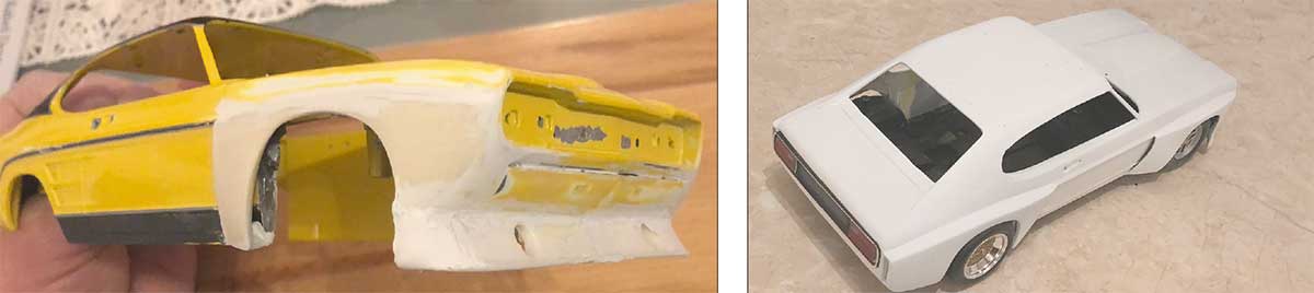 Die Spachtelarbeiten nach Verkleben der Kotflügel und des Frontspoilers (links). Es folgt die Konturenprüfung mit Grundierung und Felgenanpassung (rechts). Die Spachtelarbeiten nach Verkleben der Kotflügel und des Frontspoilers (links). Es folgt die Konturenprüfung mit Grundierung und Felgenanpassung (rechts).