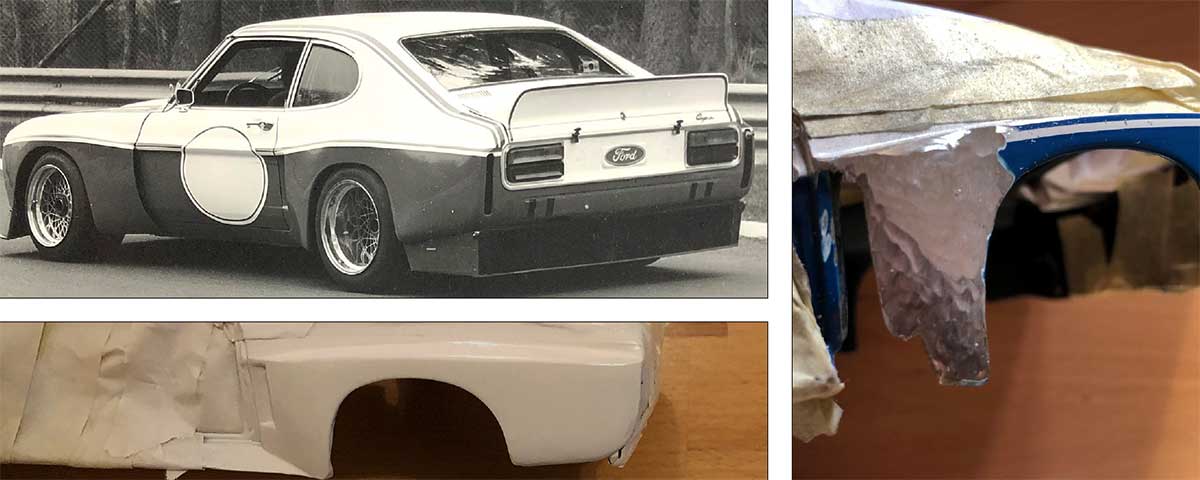 Der erste 74er Werks-RS hatte zu Saisonbeginn die Wasserkühler unter dem Heckteil. Dementsprechend baue ich das genau so nach. Hier das Schleifen der Kotflügel und die Spachtelarbeiten nach Konturenherstellung (unten links). Der Modellbau stellt mich immer wieder vor Herausforderungen. Es bleibt spannend. Der erste 74er Werks-RS hatte zu Saisonbeginn die Wasserkühler unter dem Heckteil. Dementsprechend baue ich das genau so nach. Hier das Schleifen der Kotflügel und die Spachtelarbeiten nach Konturenherstellung (unten links). Der Modellbau stellt mich immer wieder vor Herausforderungen. Es bleibt spannend.