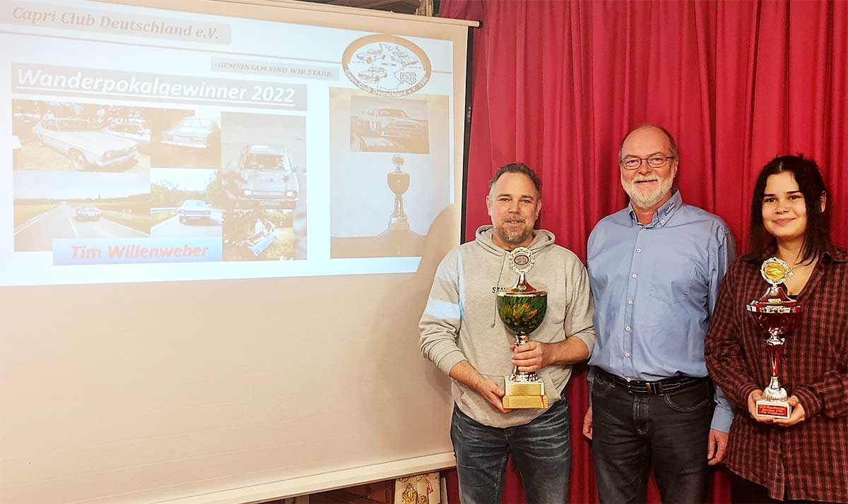 Der CCD-Wanderpokal ist hier für die kommenden zwölf Monate genau in den richtigen Händen. Tochter Jana (rechts) lockte Papa Tim (links) im Auftrag des Vereins zur Mitgliederversammlung in Kirchheim. Dort überreichte der 1. Vorsitzende, Anton Feßler, die Trophäe. Der CCD-Wanderpokal ist hier für die kommenden zwölf Monate genau in den richtigen Händen. Tochter Jana (rechts) lockte Papa Tim (links) im Auftrag des Vereins zur Mitgliederversammlung in Kirchheim. Dort überreichte der 1. Vorsitzende, Anton Feßler, die Trophäe.