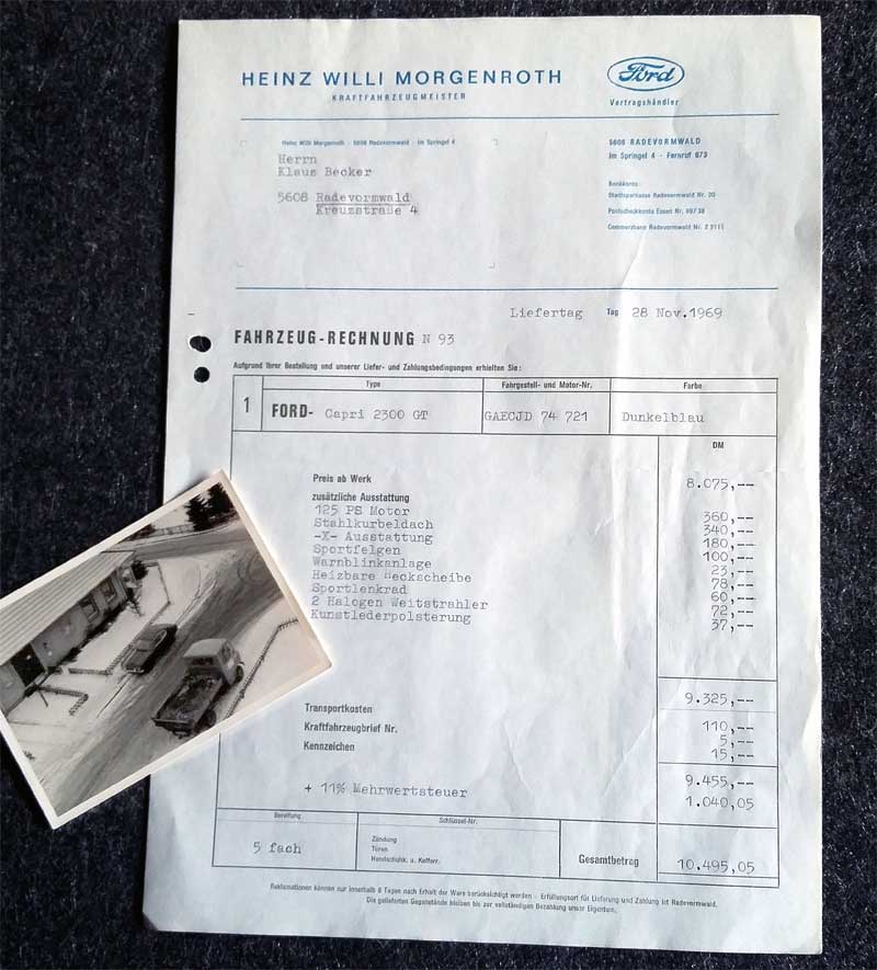 Der Kaufvertrag des ersten Capri anno 1969 und der 2300er im Schnee. Der Kaufvertrag des ersten Capri anno 1969 und der 2300er im Schnee.