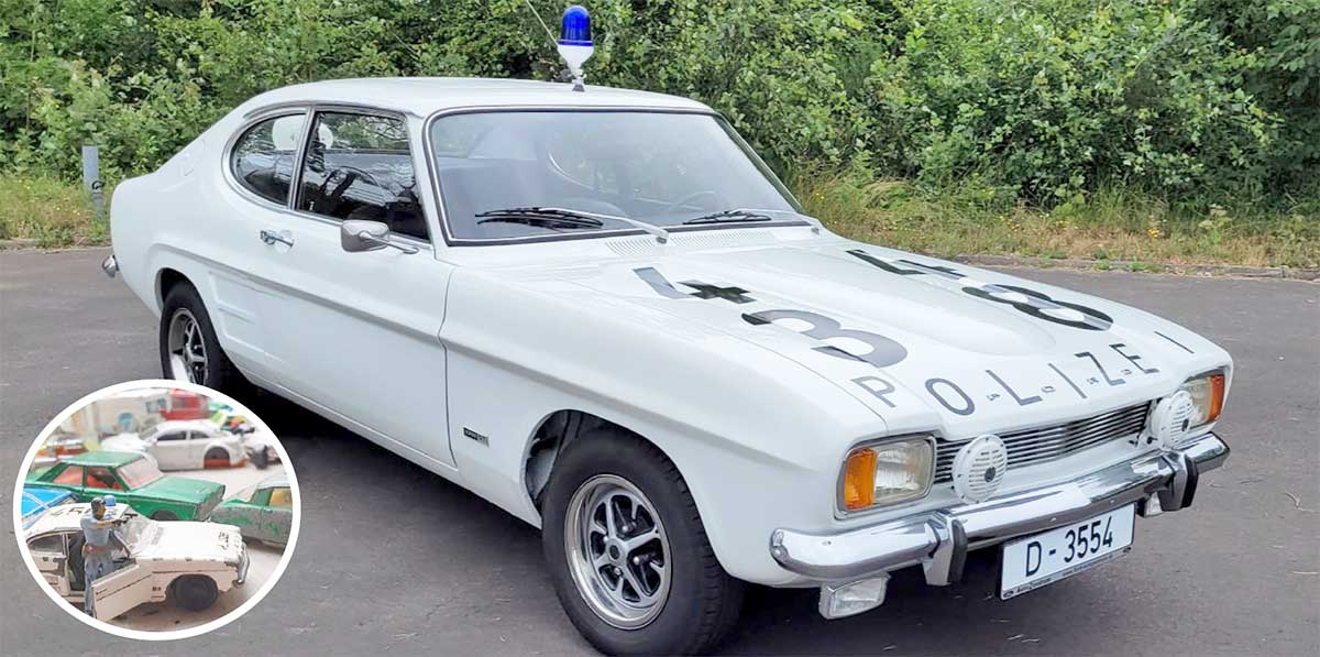 „Martha 44 38“ der Neuzeit. Sven Seidenath und dem Polizei-Motorsport-Club Marburg ist dieser Polizei-Capri zu verdanken. „Hände hoch!“ Verhaftungsszene mit dem Minichamps-Modell (kleines Bild). „Martha 44 38“ der Neuzeit. Sven Seidenath und dem Polizei-Motorsport-Club Marburg ist dieser Polizei-Capri zu verdanken. „Hände hoch!“ Verhaftungsszene mit dem Minichamps-Modell (kleines Bild).