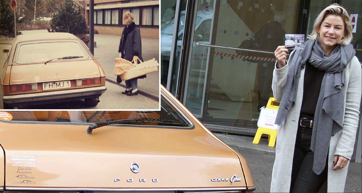 35 Jahre liegen zwischen dem Bild, das Stefanie Weinfurter in der Hand hält und diesem Foto. Im April 1985 holte Vater Gerhard Frau und Kind nach der Geburt mit einem Capri aus dem Krankenhaus ab. Im April 2020 befindet sich die Neugeborene von damals wieder am selben Ort, an der Beifahrerseite eines Capri.